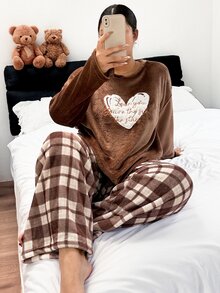 Napfluff CURVE Napfluff CURVE Plus Size Heart & Letter Embroidered Flannel Long Sleeve Top And Plaid Pants Pajama Set - Brown - View 5