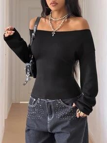 Elamini Casual Versatile Off Shoulder Back Lace-Up Black Lace Women's Sweatshirt - Black - View 3