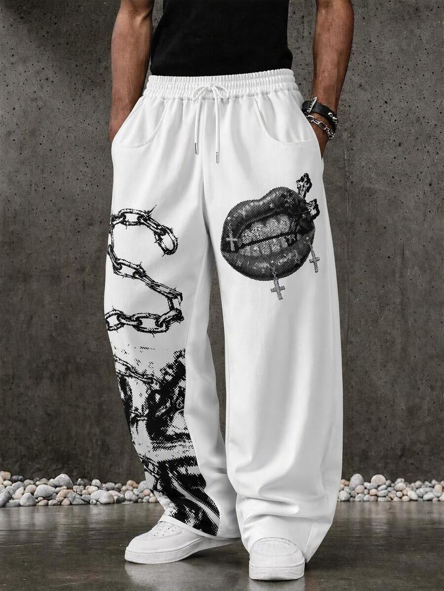 ROMWE MEN American Dark Style Skull Chain Digital Print Curved Blade Pants, Unisex Drawstring Elastic Waist Loose Wide Leg Casual Pants - White - View 1