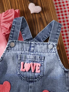 SHEIN 2pcs/Set Baby Girl 0-3 Years Spring/Autumn Rose Red Sweet Style Heart & English Embroidery Denim Jumpsuit, Solid Color Round Neck Flutter Sleeve T-Shirt, Simple Fashion, Suitable For Spring/Autumn, Perfect For Baby Daily Wear And Outings - Pink - View 4