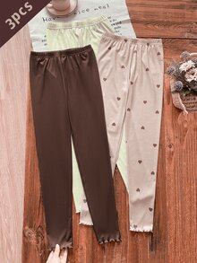 SHEIN 春秋冬女款大童女孩內搭褲，咖啡色駱駝色杏色可愛愛心印花，柔軟舒適高彈薄款長褲，可作內層或外穿，3件組 - 彩色 - 查看 2
