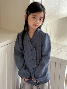 Dazy Kids Tween Girl Plaid Ruffle Trim Button-Up Shirt - Blue - View 6