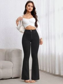 Flexra 女款時尚鈕扣口袋喇叭牛仔褲 - 深灰色 - 查看 5