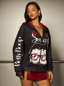 Betty Boop x SHEIN Women's Letter Cartoon Print Casual Daily Sweatshirt - Black - View 8