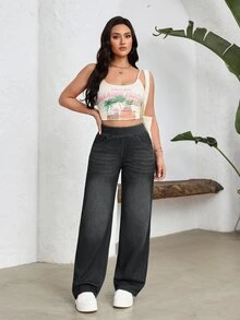 SHEIN Essnce 大尺碼女款休閒簡約四季彈性直筒牛仔褲 淺藍色 秋季顯瘦提臀 時尚週約會運動日常穿搭 - 黑色 - 查看 6