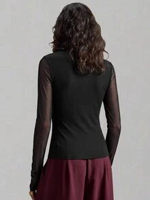 Ontre 女款酒紅色高領長袖襯衫，優雅辦公正式穿著，洋紅色秋季洗練都市休閒商務服飾，百搭上衣 - 黑色 - 查看 5