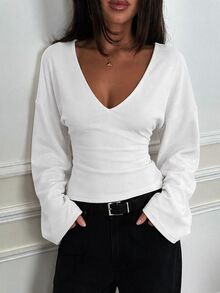 SHEIN Tall 女款休閒百搭純色喇叭袖上衣 - 白色 - 查看 3
