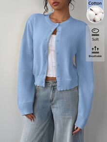 SHEIN BASICS Women's Single-Breasted Casual Versatile Daily Cardigan - Blue - View 1