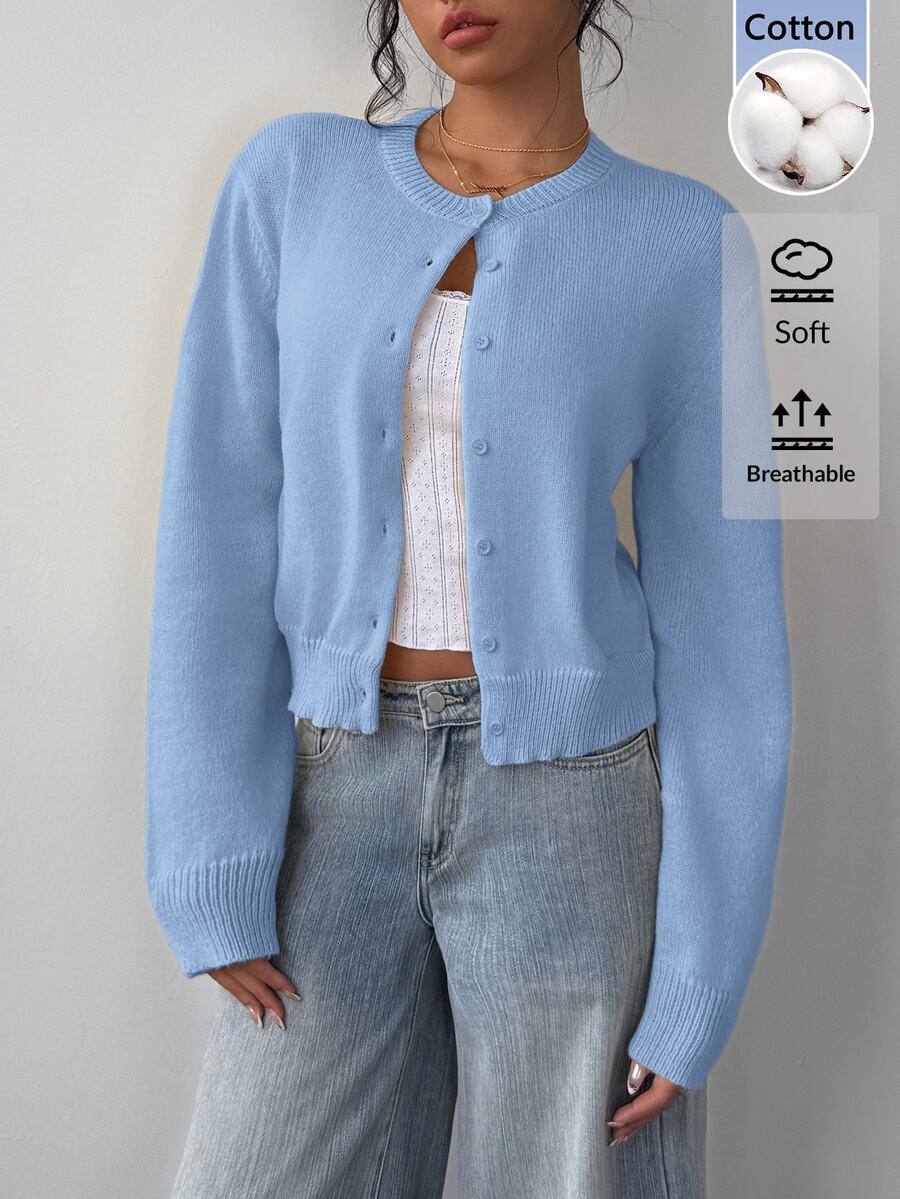 SHEIN BASICS Women's Single-Breasted Casual Versatile Daily Cardigan - Blue - View 1