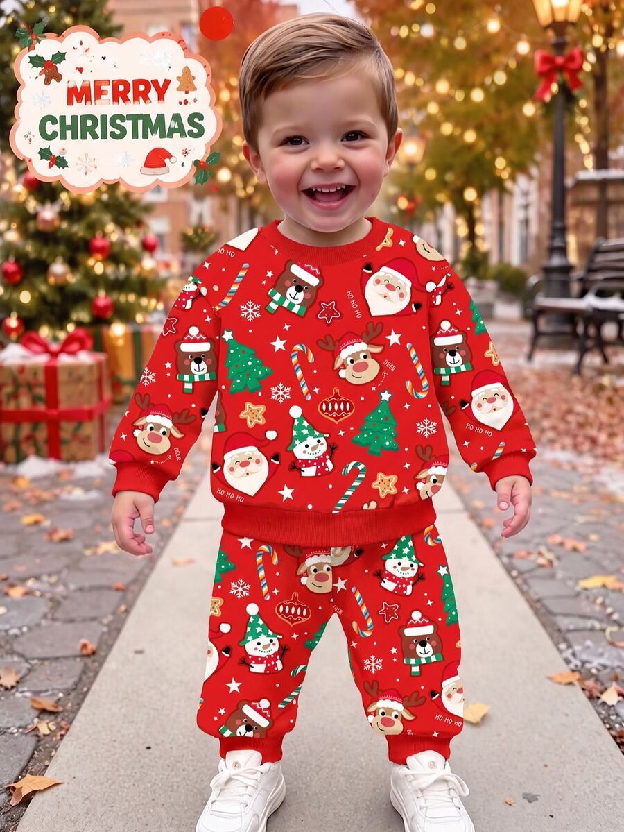 Infant Toddler Round Neck Casual Comfortable Long Sleeve Sweatshirt And Pants Set, Classic Christmas Pattern Print, Santa Claus Pattern, Christmas Reindeer, Christmas Gift Pattern Print, Christmas Tree, Christmas Star Pattern Print, Suitable For Christmas - Multicolor - View 1