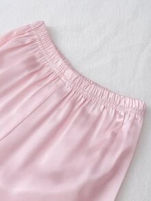 SHEIN 女童甜美可愛優雅休閒日常舒適梭織緞面仿絲綢布料粉色蝴蝶結印花開襟長袖上衣與長褲2件套居家服 - 淺粉色 - 查看 6