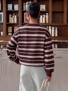 Muchica Women's Casual Crew Neck Sweatshirt, Striped Sweatshirt - White - View 2