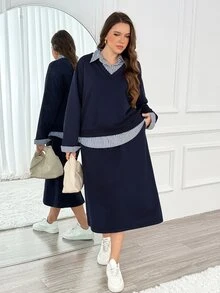 Easowa Curve Plus Size Women's Striped Shirt Collar 2 In 1 Sweatshirt And Skirt Casual Two Pieces Set - Navy Blue - View 6