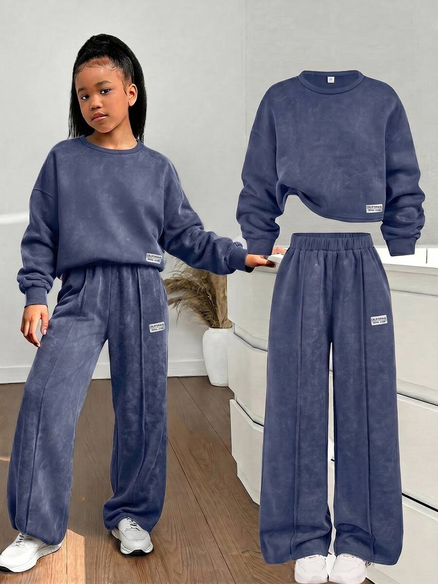 SHEIN Tween女孩加厚秋冬新款衛衣套裝,純色海軍藍拼接裝飾休閒百搭街頭風套裝,返校穿搭 - 藍色 - 查看 1