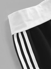 SHEIN 青少年女孩休閒拼接織帶寬鬆運動長褲 - 黑與白 - 查看 3