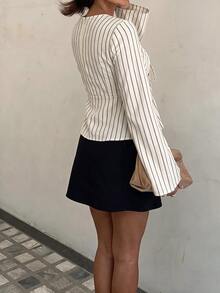 Siren Gaze Women's Minimalist Striped Colorblock Tie-Front Long Sleeve Shirt - White - View 2