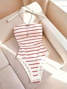 SHEIN Franclia 時尚修身性感無肩帶條紋女款連身衣 - 紅色 - 查看 3