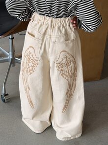 Dazy Kids Tween Girl) Loose Straight Leg Elastic Waist Casual Long Pants With Printed Pattern, Autumn/Winter Denim - Beige - View 6