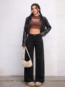 女款時尚鈕扣口袋水鑽牛仔褲 - 黑色 - 查看 4