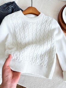 SHEIN 中性嬰兒男/女童 幼兒秋冬加厚粗針粗繩編織棕色圓領套頭毛衣 嬰兒毛衣 - 白色 - 查看 5