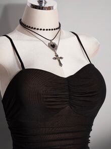 SHEIN ICON 大尺碼女款復古 2000s 70s 90s 哥德風黑色夏季夜生活派對夜店洋裝，Y2K 透視網紗細肩帶修身不對稱下擺抓皺胸前設計 - 棕色 - 查看 6