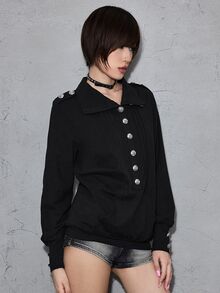 ROMWE Grunge Punk Áo thun nữ tay dài dáng rộng phong cách Punk Vintage với thiết kế cầu vai và khóa kim loại kiểu cung đình - màu đen - Xem 6