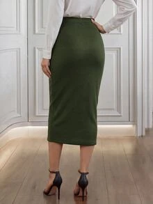 EMERY ROSE 女款高腰羅紋針織長裙，優雅黑色冬季修身長裙，適合上班辦公室，女士黏膠纖維商務休閒專業教師服飾 - 軍綠色 - 查看 2