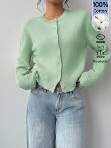SHEIN BASICS 女款純色單排扣休閒百搭長袖開襟衫，適合日常外出、商務辦公、早午餐，米白色，秋季教師節 - 綠色 - 查看 2