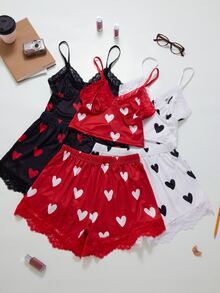 ZzzCrew Heart Print Lace Camisole & Shorts 2 Pieces Pajama Set, Sweet Sexy Cropped Waist Loungewear, 6-Piece Set - Black - View 1
