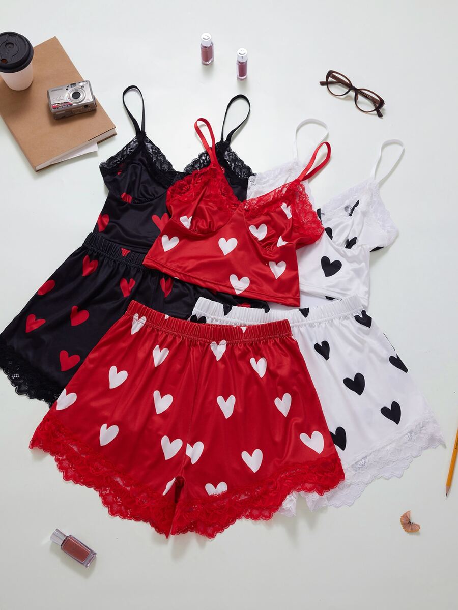 ZzzCrew Heart Print Lace Camisole & Shorts 2 Pieces Pajama Set, Sweet Sexy Cropped Waist Loungewear, 6-Piece Set - Black - View 1