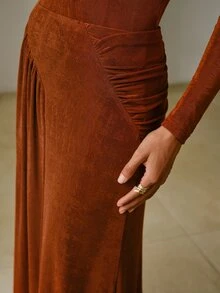 ZEYLAH Women's Solid Color Pleated Casual Versatile Daily Skirt - Rust Brown - View 2