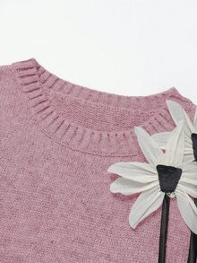 Franclia 秋冬灰色女款可愛校園返校風 2 件套，針織背心與 A 字裙，3D 花卉圓領無袖寬鬆套裝，新年派對穿搭 - 藕粉色 - 查看 7