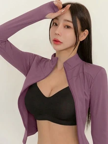 DAZY 女款純色彈性小立領修身長袖夾克，運動休閒，春秋款 - 粉色 - 查看 3