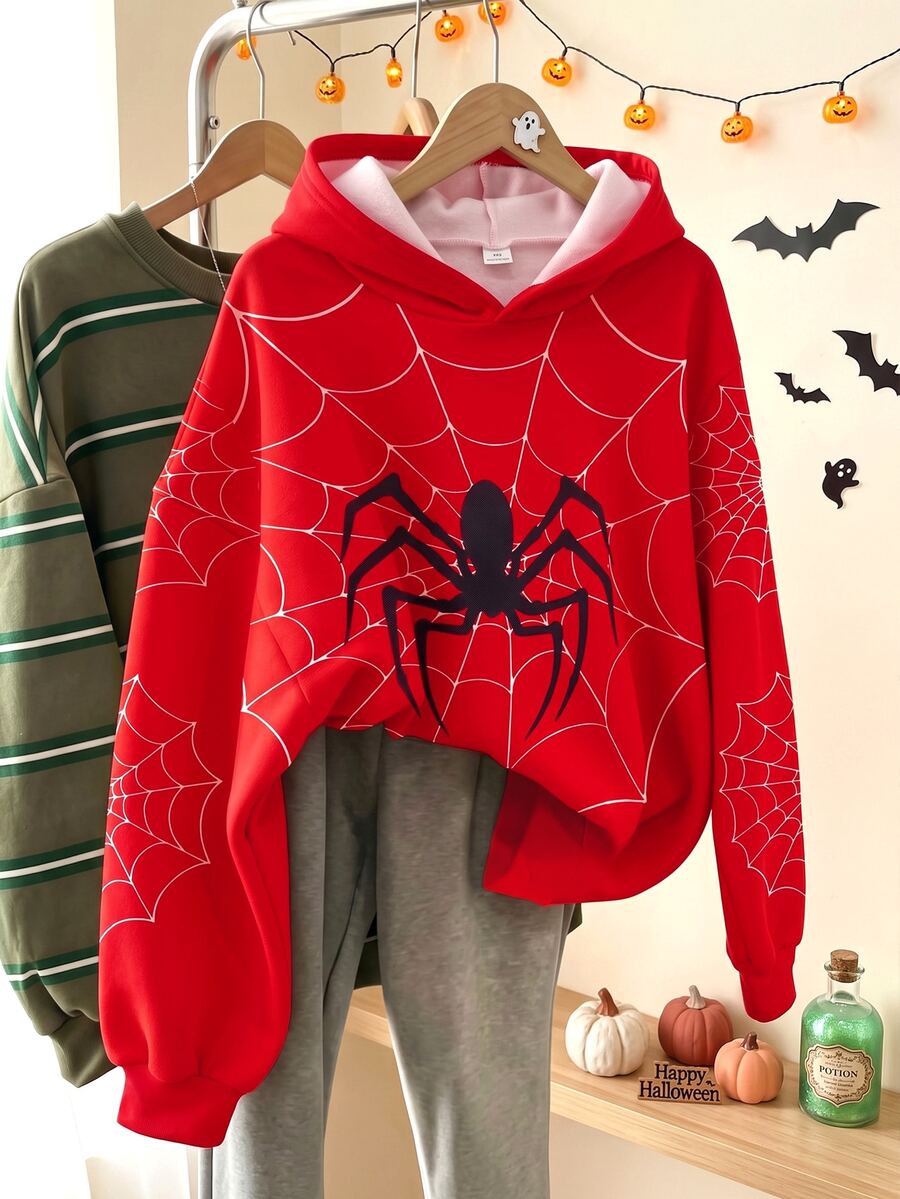 Teen Girl Cool Spider Web Pattern Red Loose Hooded Sweatshirt, Halloween Casual Long Sleeve Y2K Gothic Style Pullover - Multicolor - View 1