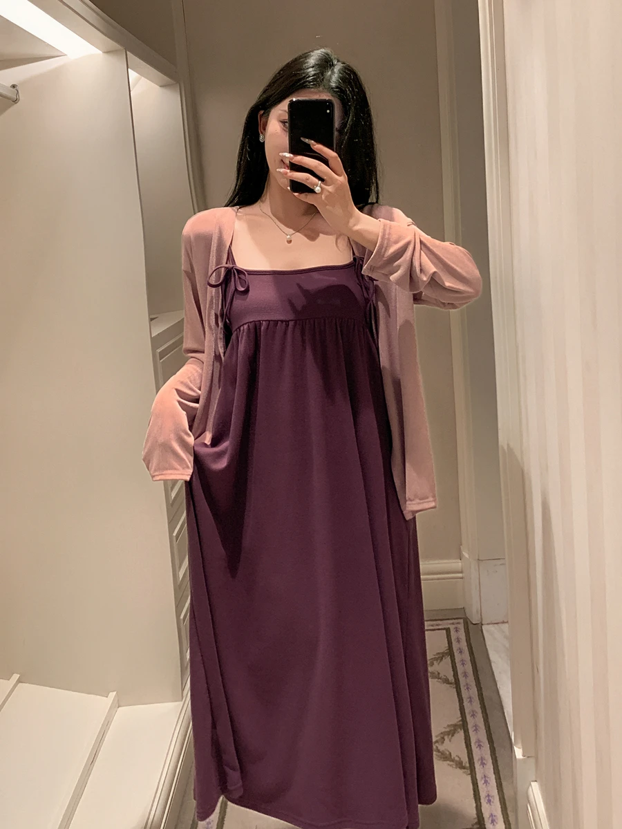 DAZY Women's Solid Color Pleated Spaghetti Strap Dress And Cardigan Casual Daily Home Sleepwear Set - Purple - View 1