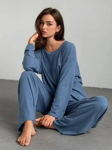Livesso Women's Solid Color Long Sleeve Top And Pants Loungewear Set - Blue - View 4