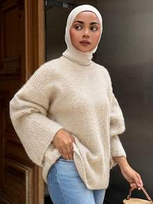 DAZY Women's Loose Casual Round Neck Long Sleeve Dropped Shoulder Solid Coffee Color Slouchy Sweater, Autumn/Winter - Beige - View 4