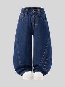 Young Boy Elastic Waist Straight Leg Jeans - Dark Wash - View 3