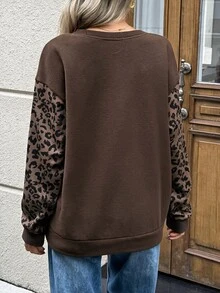 SHEIN LUNE 休閒街頭風女款秋冬拼接豹紋長袖衛衣 日常穿搭 黑白豹紋 西式校園風 - 棕色 - 查看 2