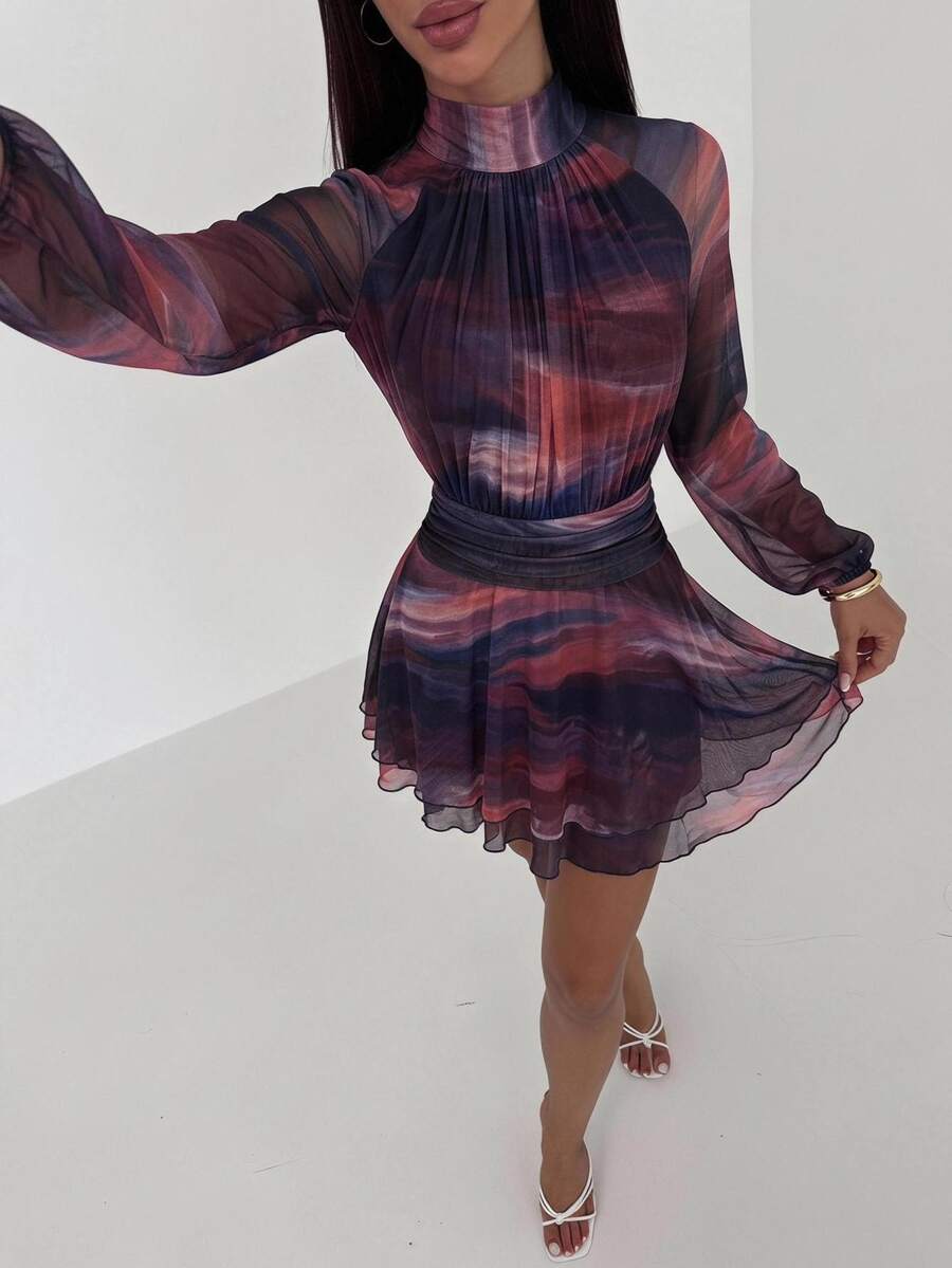 Aloruh Women's Tie-Dye Stand Collar Raglan Long Sleeve Ruffle Hem Fashion Dress - Multicolor - View 1