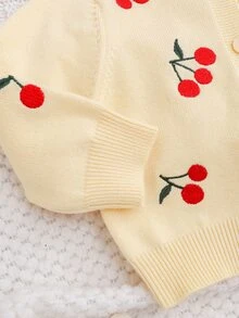 SHEIN 新生女嬰櫻桃圖案針織開襟衫與彈性腰白色長褲 2件套毛衣套裝，秋冬款，適合聖誕節 - 芥末黃 - 查看 5