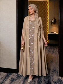 Auveirra Plus Size 3D Embroidered Elegant Dress With Cardigan 2 Pieces Set - Brown - View 8