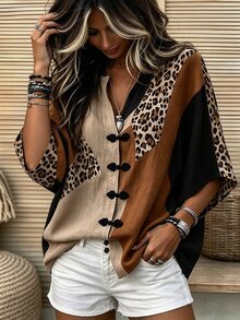 SHEIN New Chinese Style Stand Collar Frog Button Short Sleeve Shirt For Women, Leopard Print Color Block Patchwork Loose Drop Shoulder Top, V-Neck Cardigan - Multicolor - View 6