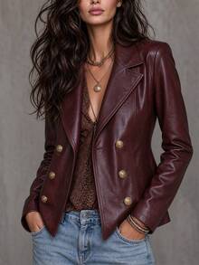 LUMIGAL Caramel Color Vintage Double-Breasted Long Sleeve Women's Leather Jacket - Burgundy - View 5