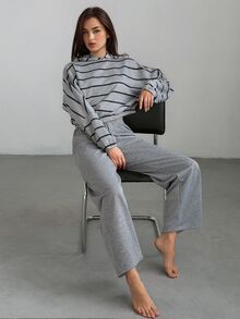 DAZY Women's Striped Long Sleeve Hooded Top And Pants Casual Pajama Set - Grey - View 4