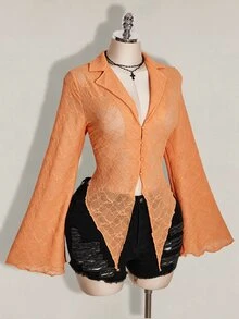 SHEIN ICON ICON PLUS 生菜邊飾不對稱下擺透視上衣 無內衣設計 大尺碼女式襯衫-1891，Y2k/秋季/冬季 - 橘色 - 查看 5