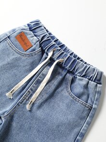 SHEIN Mirajuku 男童秋季棉質水洗多功能時尚休閒舒適寬鬆設計，彈性腰帶，抽繩，適合四季，度假，返校季，藍色水洗工裝風牛仔長褲 - 淺色水洗藍 - 查看 6