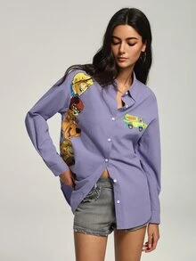 SCOOBY-DOO X SHEIN Kemeja Kasual Wanita Motif Kartun untuk Pemakaian Sehari-hari - Mauve Purple - View 4