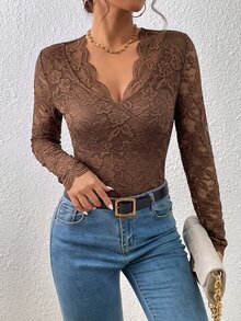 SHEIN Frenchy 對比色蕾絲波浪飾邊蕾絲連身內衣 冬季優雅款 - 棕色 - 查看 3