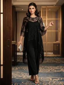 Auveirra Plus Size Women's Elegant 2 Pieces Set With Patchwork Tassel Cuff High-Low Hem Lace Top And Long Pants - Black - View 8